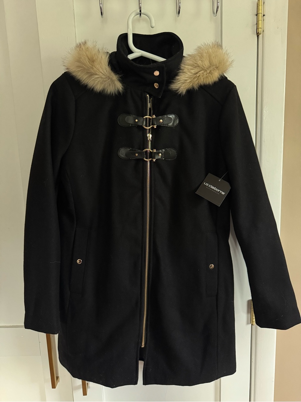 LC Lauren Conrad Black Wool-Blend Hooded Pea Coat with Faux Fur Trim